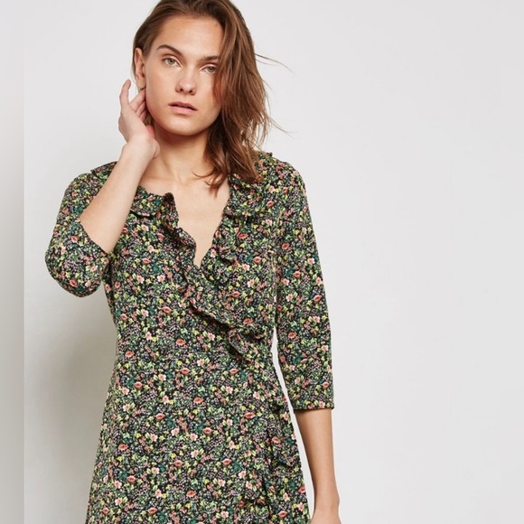 TopShop Green Floral Ruffle Wrap Dress Size 4 - Picture 2 of 8